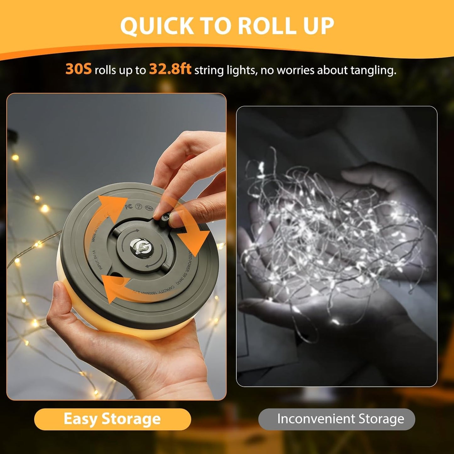 Camping String Lights, 4 in 1 Quick Storage Camping Essentials Gear 32.8FT Rechargeable Tent Lights with 9 Modes Hanging Waterproof LED Camp Lamp for Camping Hiking Patio Garden Festival -Warm +RGB
