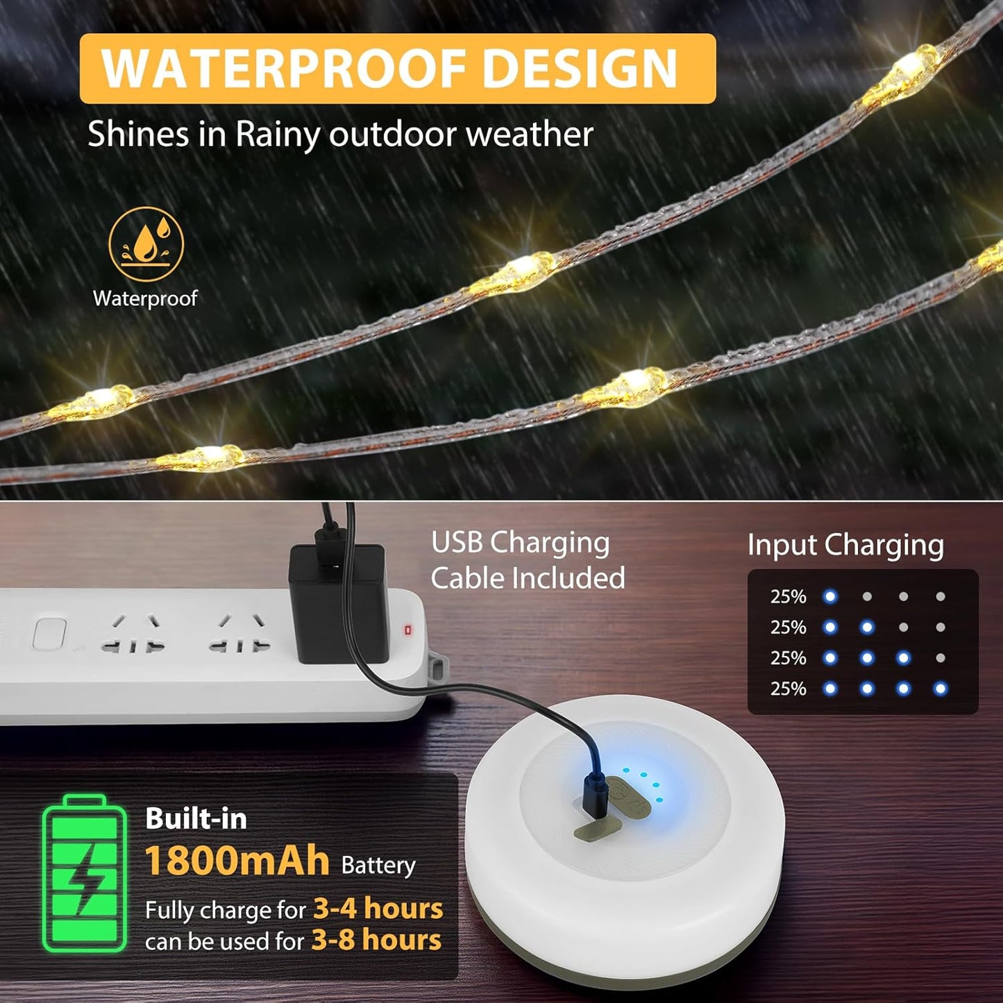 Camping String Lights, 4 in 1 Quick Storage Camping Essentials Gear 32.8FT Rechargeable Tent Lights with 9 Modes Hanging Waterproof LED Camp Lamp for Camping Hiking Patio Garden Festival -Warm +RGB