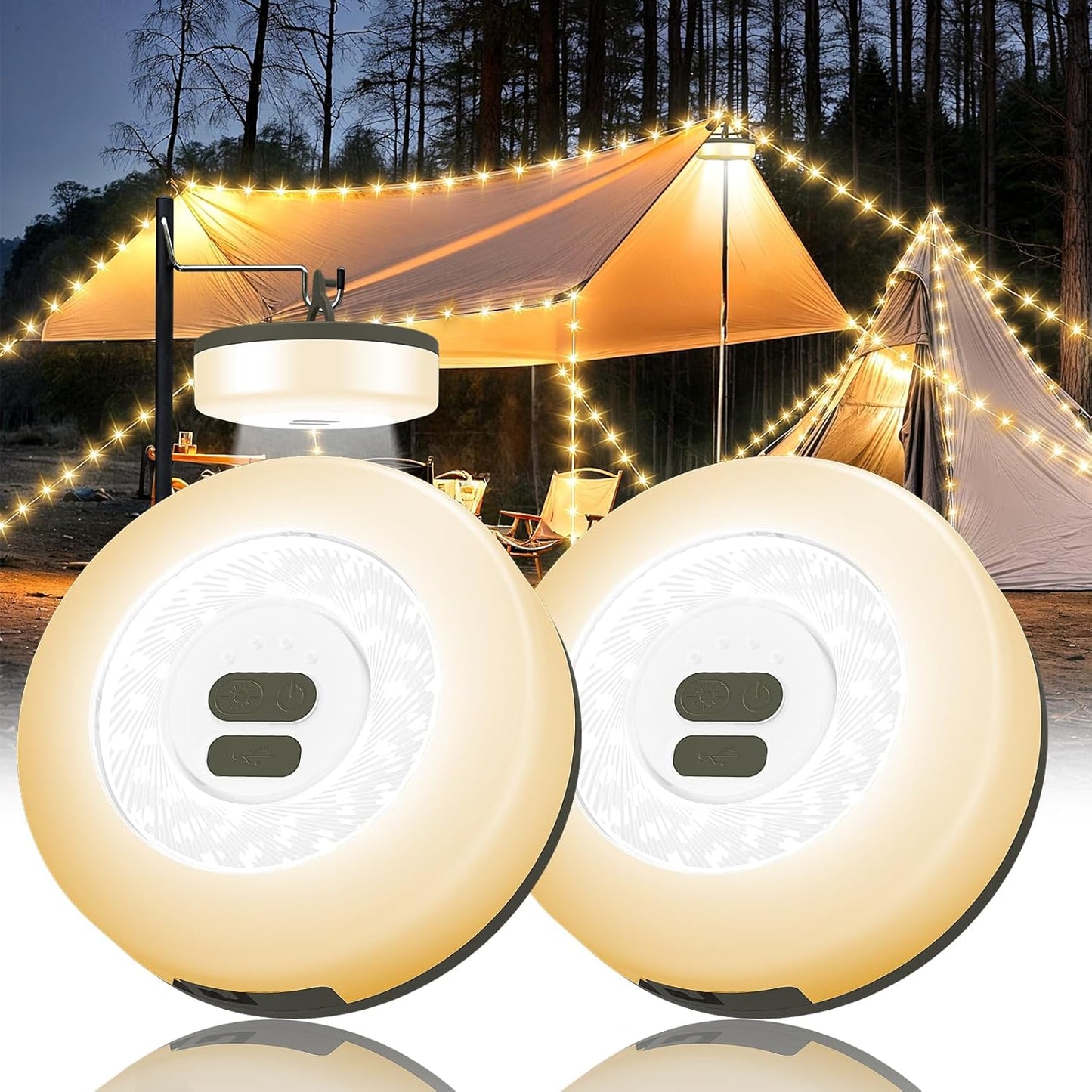 Camping String Lights, 4 in 1 Quick Storage Camping Essentials Gear 32.8FT Rechargeable Tent Lights with 9 Modes Hanging Waterproof LED Camp Lamp for Camping Hiking Patio Garden Festival -Warm +RGB
