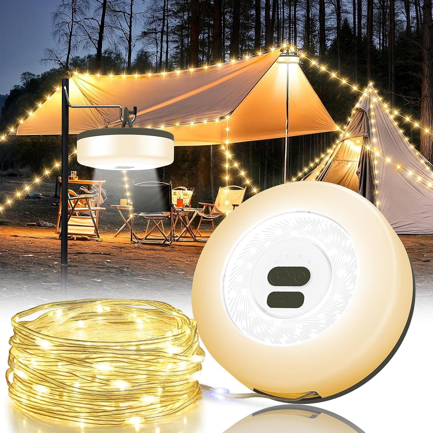 Camping String Lights, 4 in 1 Quick Storage Camping Essentials Gear 32.8FT Rechargeable Tent Lights with 9 Modes Hanging Waterproof LED Camp Lamp for Camping Hiking Patio Garden Festival -Warm +RGB