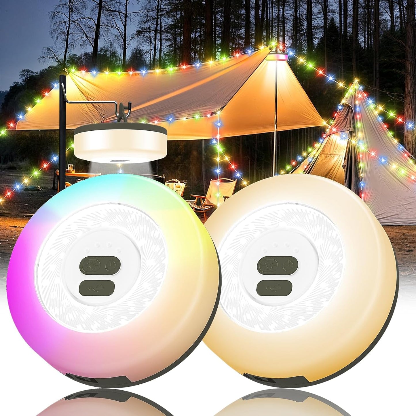 Camping String Lights, 4 in 1 Quick Storage Camping Essentials Gear 32.8FT Rechargeable Tent Lights with 9 Modes Hanging Waterproof LED Camp Lamp for Camping Hiking Patio Garden Festival -Warm +RGB
