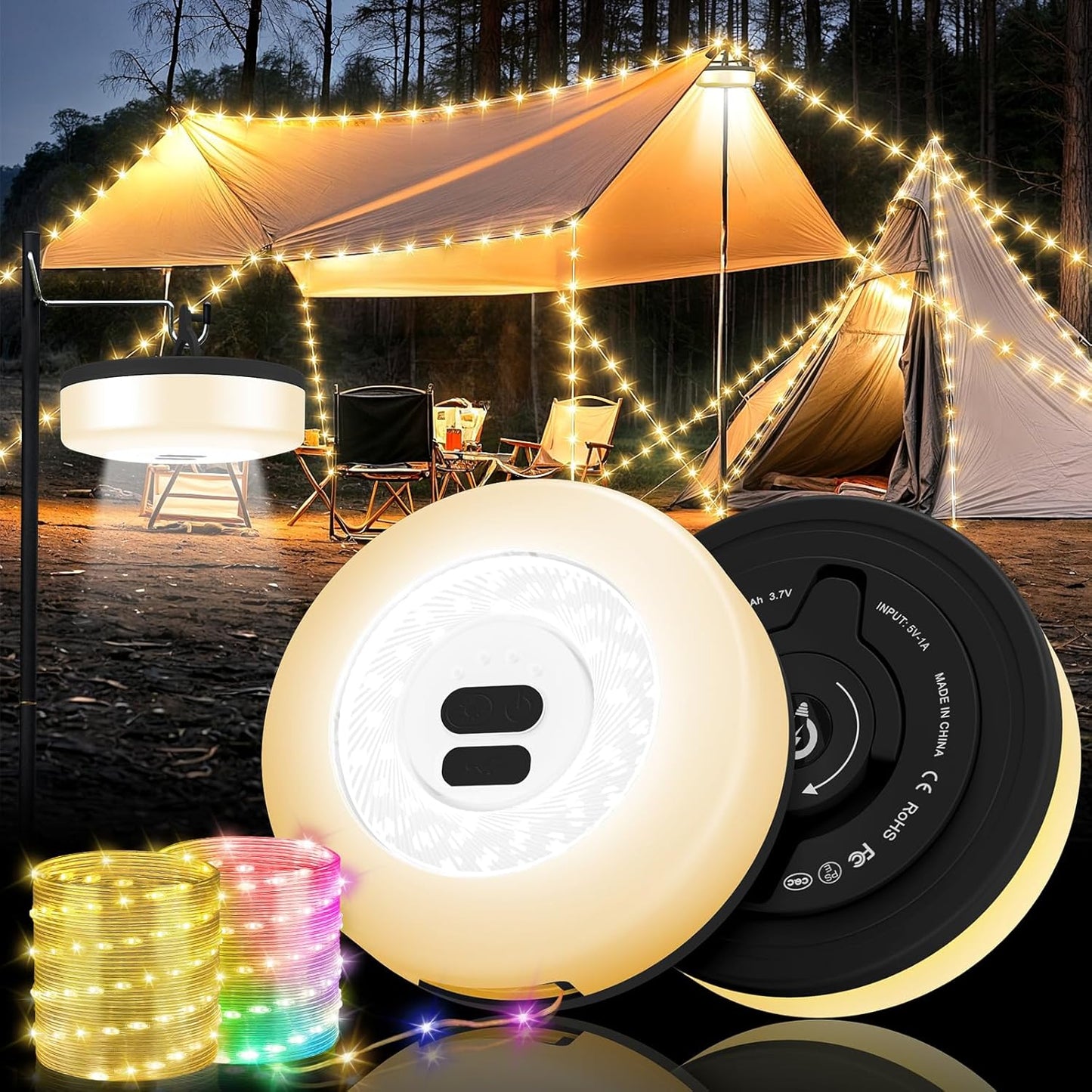 Camping String Lights, 4 in 1 Quick Storage Camping Essentials Gear 32.8FT Rechargeable Tent Lights with 9 Modes Hanging Waterproof LED Camp Lamp for Camping Hiking Patio Garden Festival -Warm +RGB