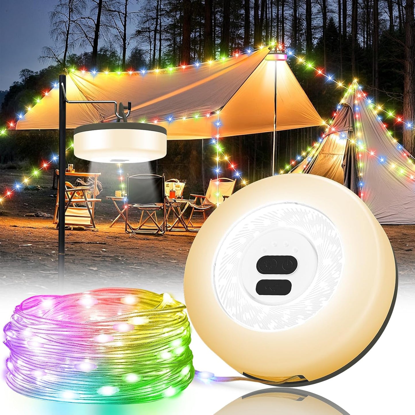 Camping String Lights, 4 in 1 Quick Storage Camping Essentials Gear 32.8FT Rechargeable Tent Lights with 9 Modes Hanging Waterproof LED Camp Lamp for Camping Hiking Patio Garden Festival -Warm +RGB