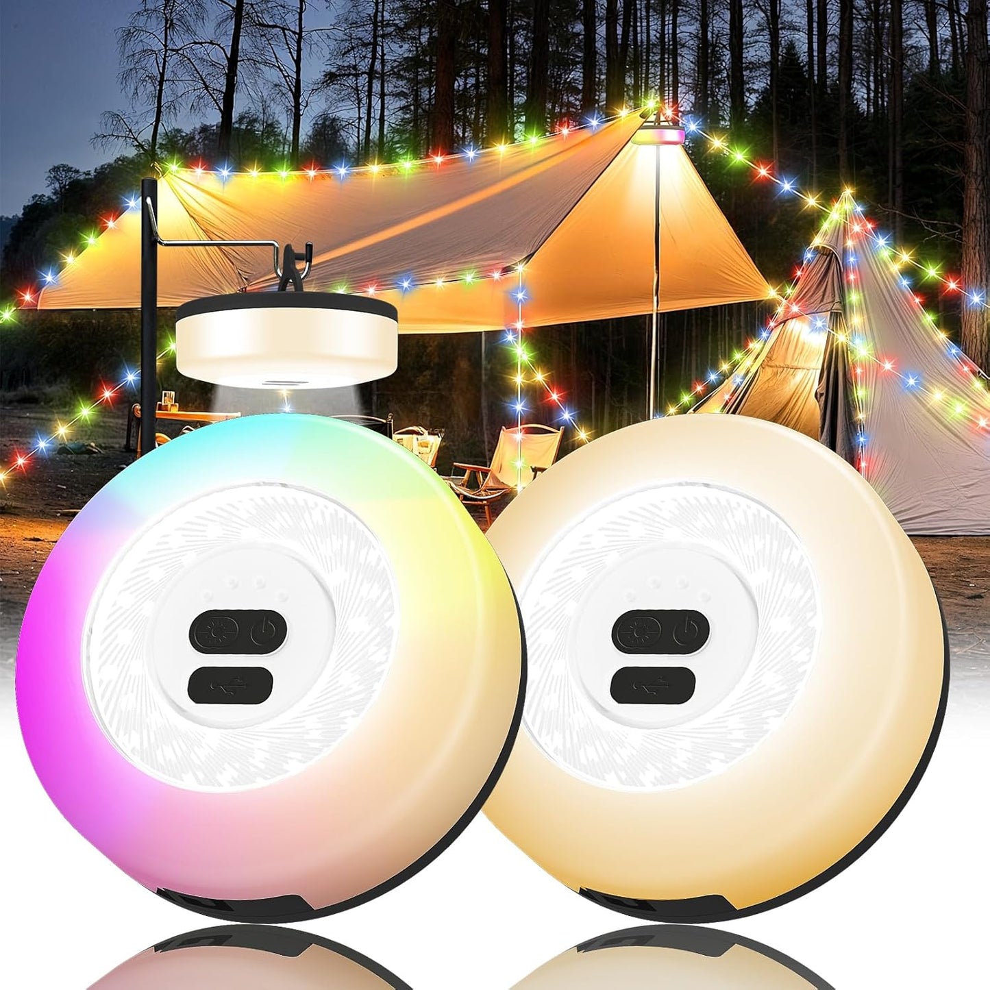 Camping String Lights, 4 in 1 Quick Storage Camping Essentials Gear 32.8FT Rechargeable Tent Lights with 9 Modes Hanging Waterproof LED Camp Lamp for Camping Hiking Patio Garden Festival -Warm +RGB