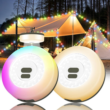 Camping String Lights, 4 in 1 Quick Storage Camping Essentials Gear 32.8FT Rechargeable Tent Lights with 9 Modes Hanging Waterproof LED Camp Lamp for Camping Hiking Patio Garden Festival -Warm +RGB
