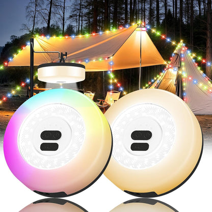 Camping String Lights, 4 in 1 Quick Storage Camping Essentials Gear 32.8FT Rechargeable Tent Lights with 9 Modes Hanging Waterproof LED Camp Lamp for Camping Hiking Patio Garden Festival -Warm +RGB