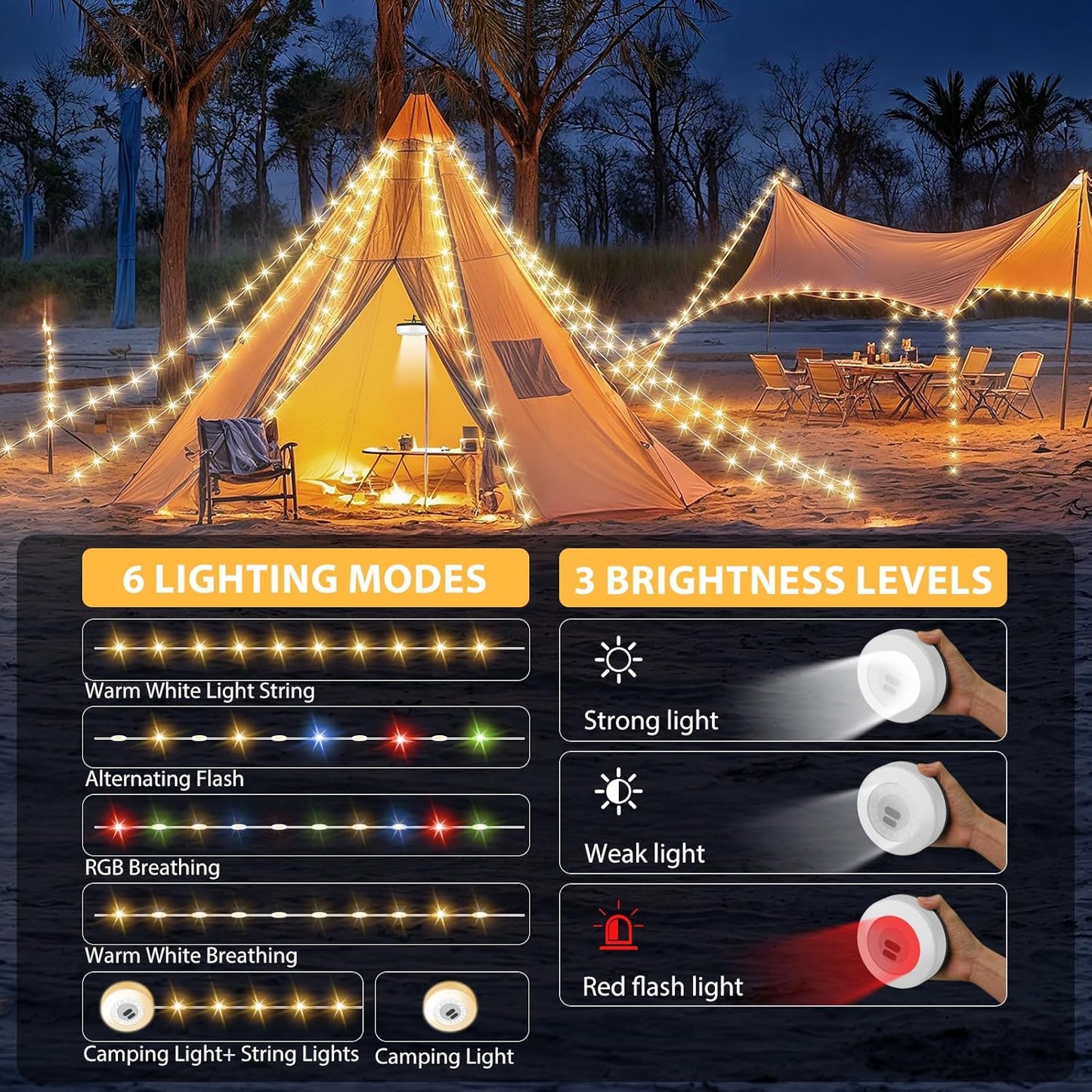 Camping String Lights, 4 in 1 Quick Storage Camping Essentials Gear 32.8FT Rechargeable Tent Lights with 9 Modes Hanging Waterproof LED Camp Lamp for Camping Hiking Patio Garden Festival -Warm +RGB